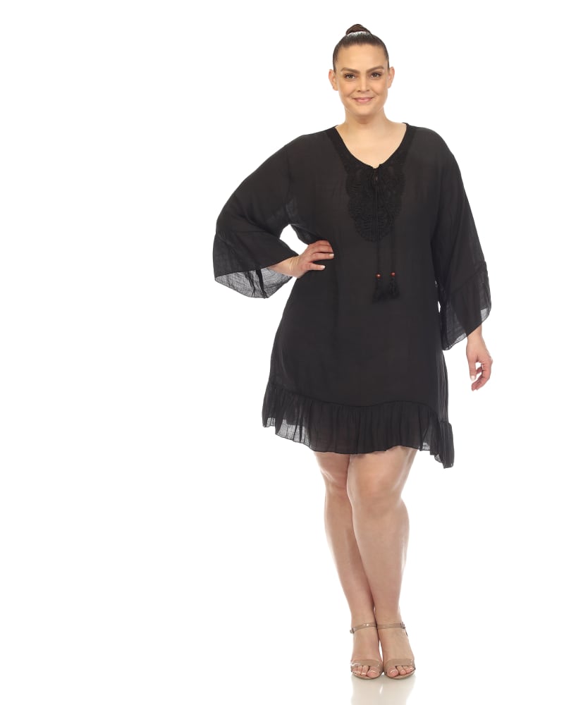 Front of a model wearing a size One Size Sheer Embroidered Knee Length Cover Up Dress in Black by White Mark. | dia_product_style_image_id:292944